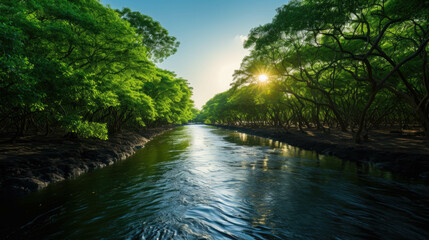 a long river with dense green trees on the sides where the sun shines through. Generative AI