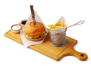 Delicious burger on wooden board isolated on white background