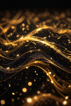 Shiny flow of glitter particles and bokeh golden shiny background on dark backdrop	