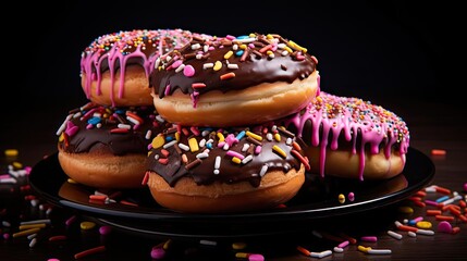 sweet donuts filled with melted chocolate and sprinkles with a blurred background