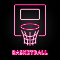 basketball hoop neon sign, modern glowing banner design, colorful modern design trend on black background. Vector illustration.