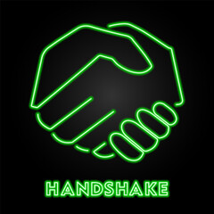 handshake neon sign, modern glowing banner design, colorful modern design trend on black background. Vector illustration.