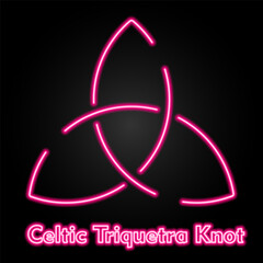 Celtic Triquetra knot neon sign, modern glowing banner design, colorful modern design trend on black background. Vector illustration.