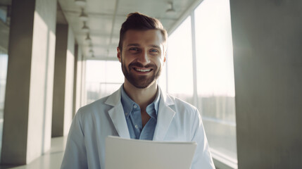 Fototapeta premium Hospital. Health care. Portrait of young smiling 30-year-old bearded caucasian man doctor wearing white medical coat with stethoscope around his neck, looking at camera. Hospital Corridor, AI