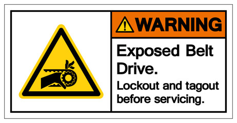 Warning Exposed belt drive Lockout and tagout before servicing Symbol Sign, Vector Illustration, Isolate On White Background Label .EPS10