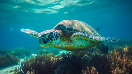 Obraz premium Sea turtle underwater, blue clear water, sun's rays make their way through water. Underwater world. Sea inhabitants. Generated by AI