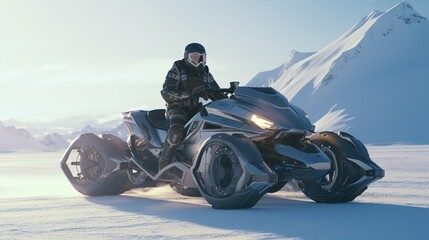 Obraz premium Futuristic snowmobile in the Arctic snows. Generative AI