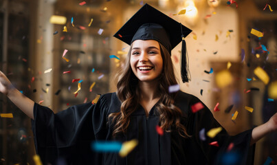Obraz premium Portrait of a female graduate celebrating with falling confetti