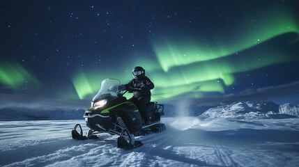 Futuristic snowmobile in the snows of the Arctic night with the Northern lights. Generative AI