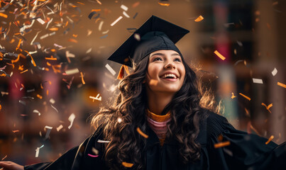 Obraz premium Portrait of a female graduate celebrating with falling confetti
