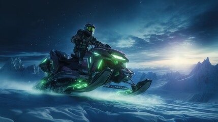 Futuristic snowmobile in the snows of the Arctic night with the Northern lights. Generative AI