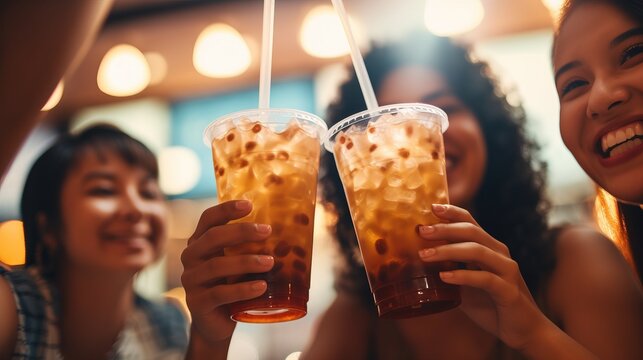 Young Asian People Drinking Tapioca Bubbles Milk Tea.