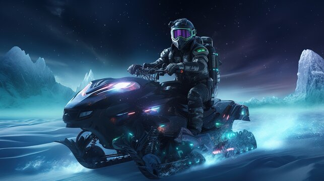 Futuristic snowmobile in the snows of the Arctic night with the Northern lights. Generative AI