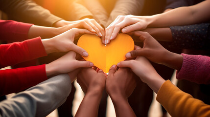 Hands holding heart. United diversity or multi-cultural partnership in a group - 627348325