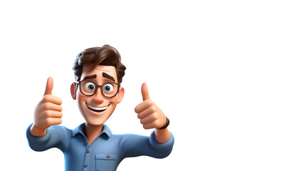 Happy man showing thumb up gesture 3d style cartoon character. Positive businessman smiling with ok like cool finger on white background