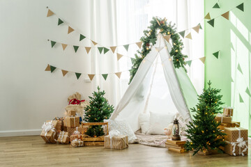 Christmas interior of a children's room with teepee