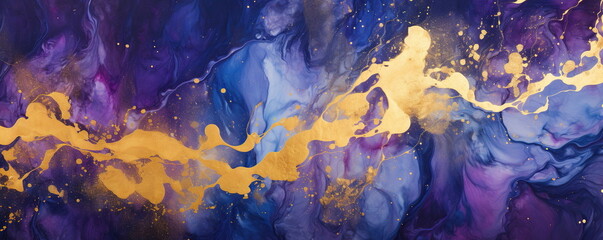 Indigo ink, mixed colors - dark blue and gold and violet red and yellow, marble abstract background 