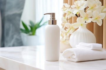 Fototapeta na wymiar Cosmetic bottle of face skin care lotion mockup on spa table. Dispenser tube for hands body cream beauty concept