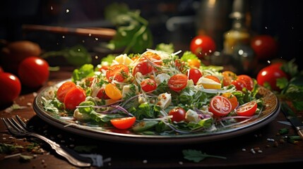 salad full of vegetables, fruit and pieces of boiled egg on a blur background