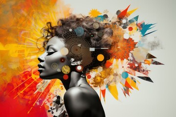 Art collage portrait of young beautiful African American woman on bright abstract background. Modern female graphic artwork