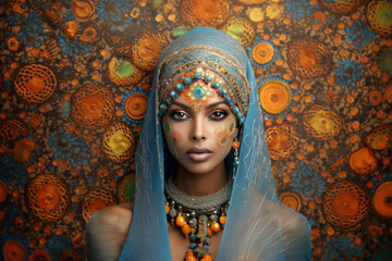 Beautiful Indian woman model in traditional ethnic closing front view portrait. Elegant female wearing stylish jewellery on colourful background