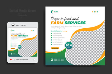 Organic food, agriculture and farming services social media cover or post and web banner design template with geometric green gradient color shapes