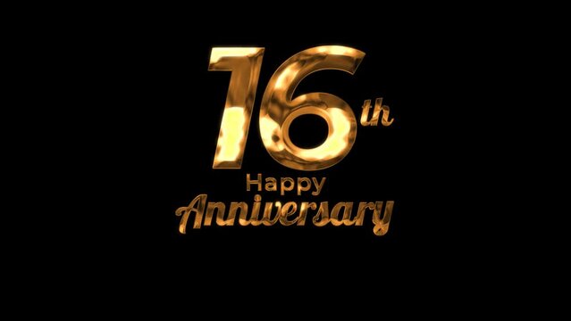 Animated text happy anniversary  16th gold 4K, birthday, celebration
