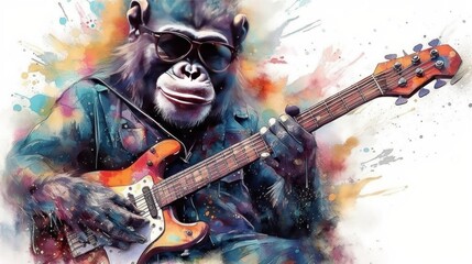 Chimpanzee Guitarist. A chimpanzee musician playing guitar Isolated, watercolor abstract art . chimp. chimpanzee. Made With Generative AI. - obrazy, fototapety, plakaty