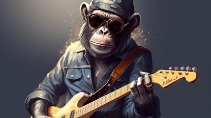 Chimpanzee Guitarist. A chimpanzee musician playing bass guitar Isolated on a background. chimp. chimpanzee. Made With Generative AI.