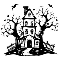 Haunted house outline vector illustration, halloween