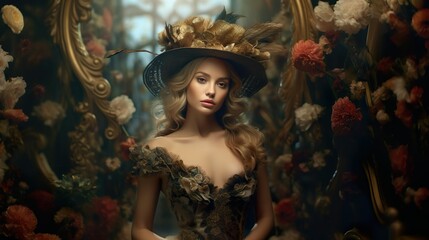 Fototapeta premium Glamour woman with flowers hat