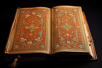 Fototapeta premium manuscript, adorned with intricate borders, representing the rich history of Islamic bookmaking. Generative AI