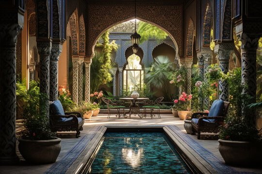 the serene and tranquil beauty of Islamic gardens, with elements such as fountains, lush vegetation, and geometric designs. Generative AI