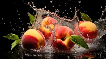 Fototapeta na wymiar flying fresh peaches hit by water splash on black background and blur
