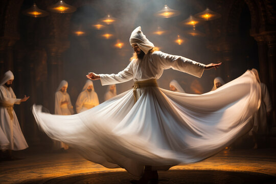 the spiritual practice of Sufi whirling, with dervishes dressed in flowing white garments, spinning in a meditative dance of devotion and transcendence. Generative AI