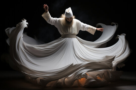 the spiritual practice of Sufi whirling, with dervishes dressed in flowing white garments, spinning in a meditative dance of devotion and transcendence. Generative AI