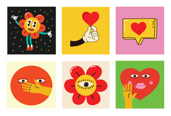 Fototapeta premium 70's groovy square posters, cards or stickers. Retro print with hippie cute colorful funky character concepts of crazy geometric, dripping emoticon. Only good vibes sentence