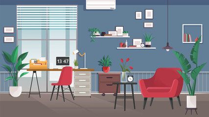 Home office interior. Vector illustration. Modern loft interior of open space home office with furniture for corporate or freelance work Modern studio Living room modern interior, home or office,