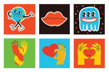 70's groovy square posters, cards or stickers. Retro print with hippie cute colorful funky character concepts of crazy geometric, dripping emoticon. Only good vibes sentence