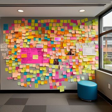 Wall covered from top to bottom with post its neon colorful. Colorful Post It Notes with suggestions on the walls. Front View