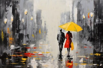  the oil paint on was applied with thick，a painting of people with umbrellas and lights walking in the rain 
