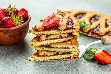 strawberries slice of cake. Single slice of crust pie, Food recipe background. Close up