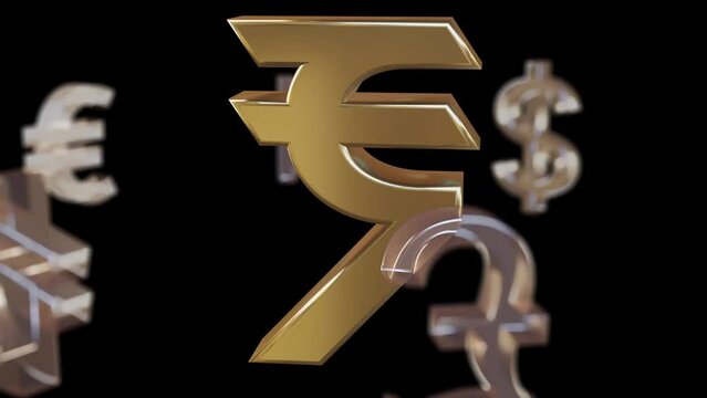 Indian Rupee sign and rotating Yen, Dollar, Bitcoin, Euro, , Won, Pound,  Peseta Currencies symbols on black background.3D Illustration Video. Currency value, exchange and economy concept.