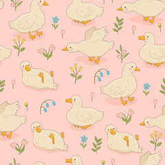 Pattern with cute white ducks and flowers. Vector graphics.