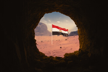 Vintage cave with With the flag of Egypt in the Sinai desert