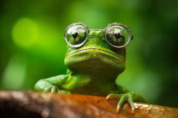 Obraz premium close-up animal portrait reptile green lizard glasses scale iguana wildlife. Generative AI.