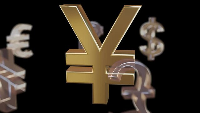 Yen Yuan sign and rotating Yen, Dollar, Bitcoin, Euro, , Won, Rupee, Peseta Currencies symbols on black background.3D Illustration Video. Currency value, exchange and economy concept.