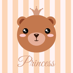 Little baby bear girl princess. Character of baby animal face with crown on head. Vector illustration of bear cub. Print or greeting card design for kids.