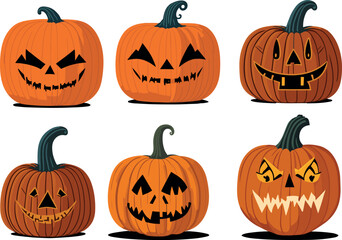 Halloween pumpkins, funny faces, scary faces, angry faces, smiling faces. Autumn holidays. Vector illustration