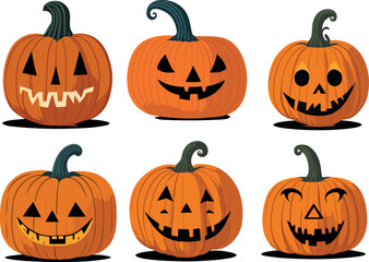 Halloween pumpkins, funny faces, scary faces, angry faces, smiling faces. Autumn holidays. Vector illustration